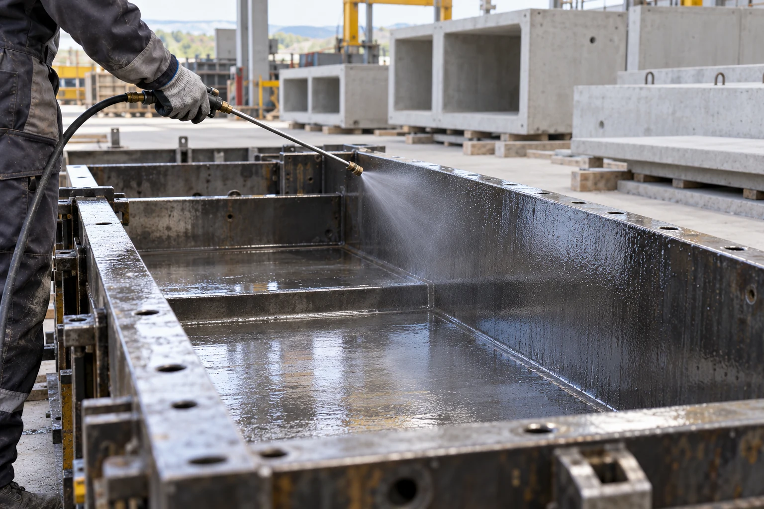 Concrete release fluid sprayed onto a steel precast mold