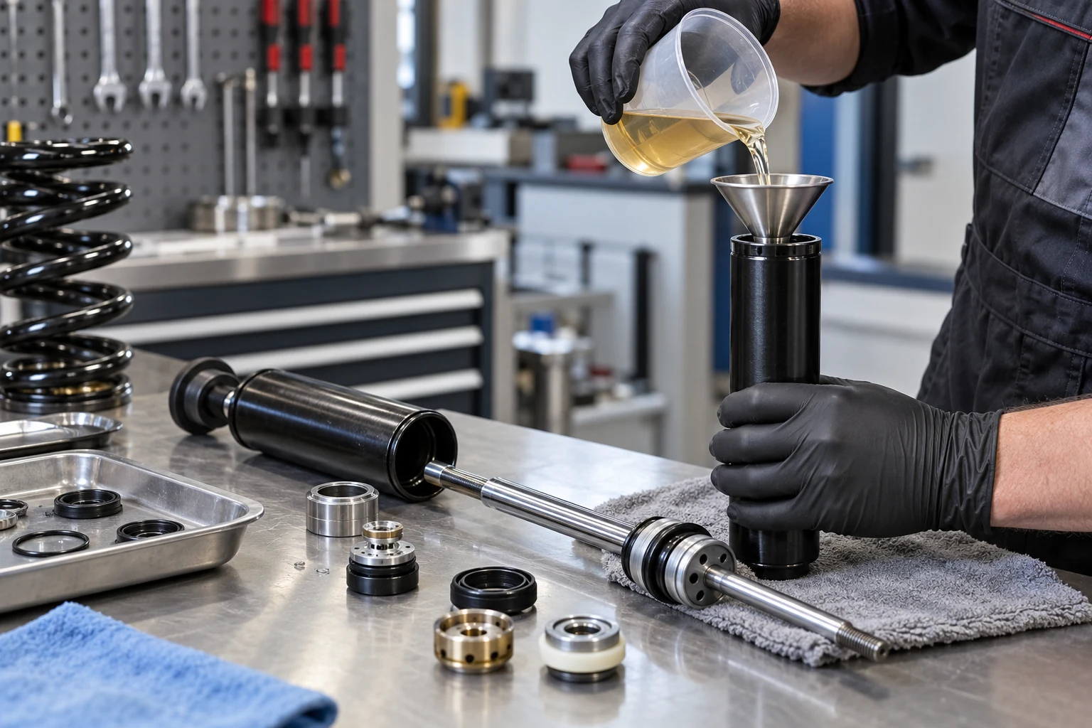 Technician pouring pale golden shock fluid into a damper body