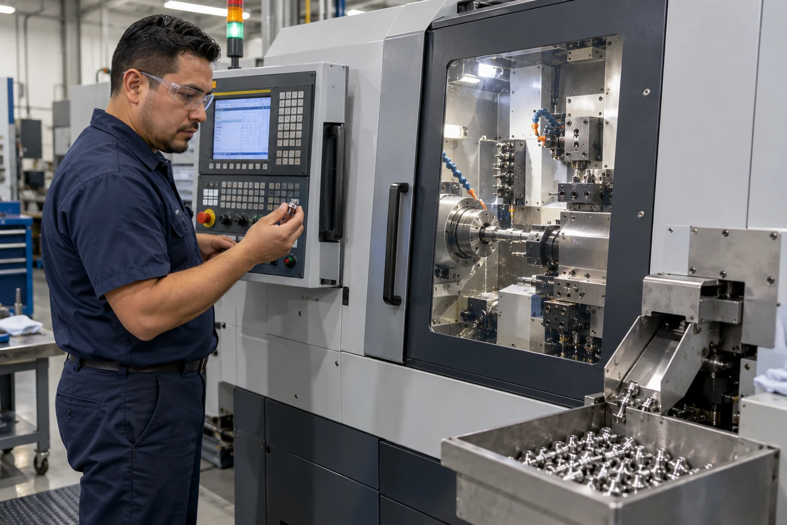 Hispanic operator inspecting a small precision part beside a Swiss screw machine
