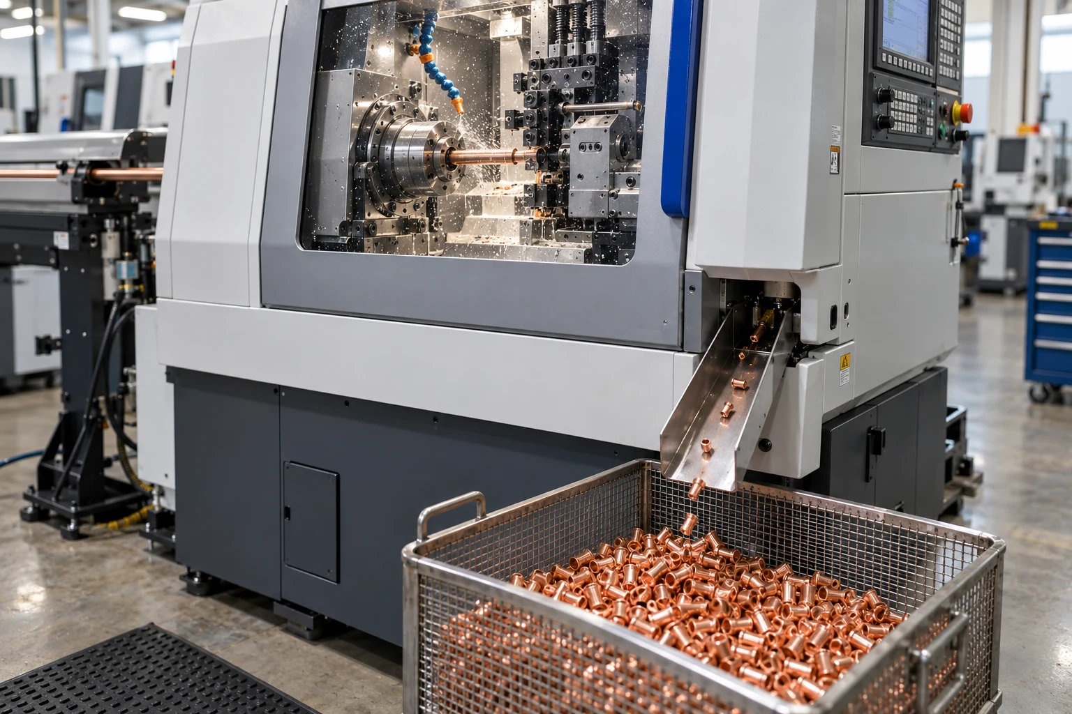 Citizen-style Swiss screw machine machining copper parts and discharging them into a mesh bin