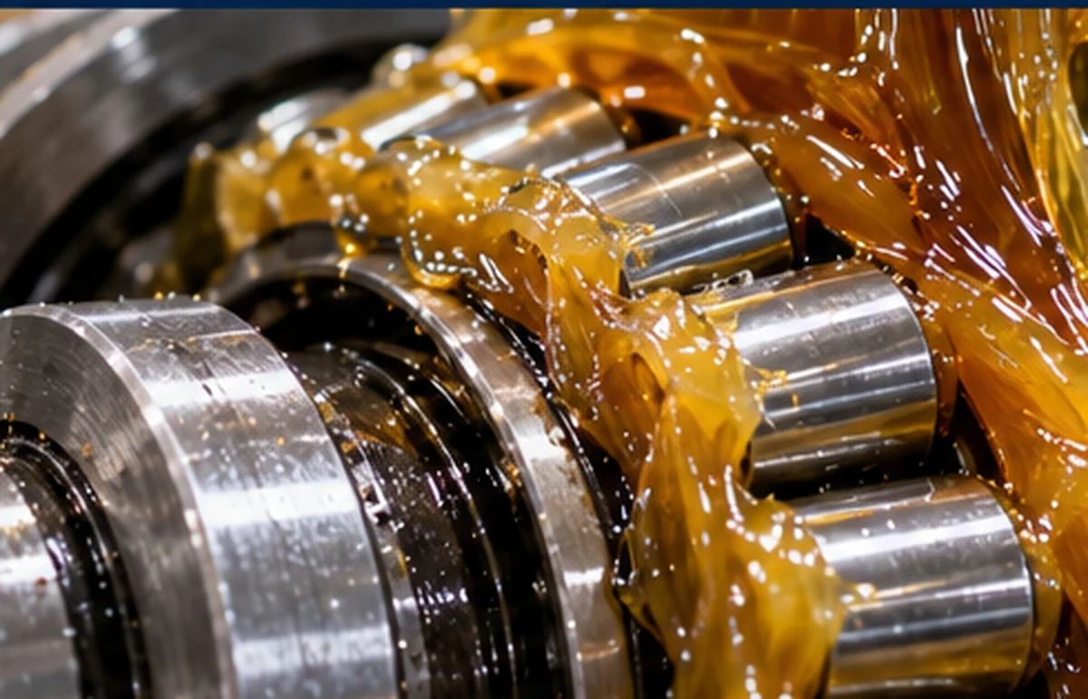 Industrial roller bearing packed with amber lubricating grease