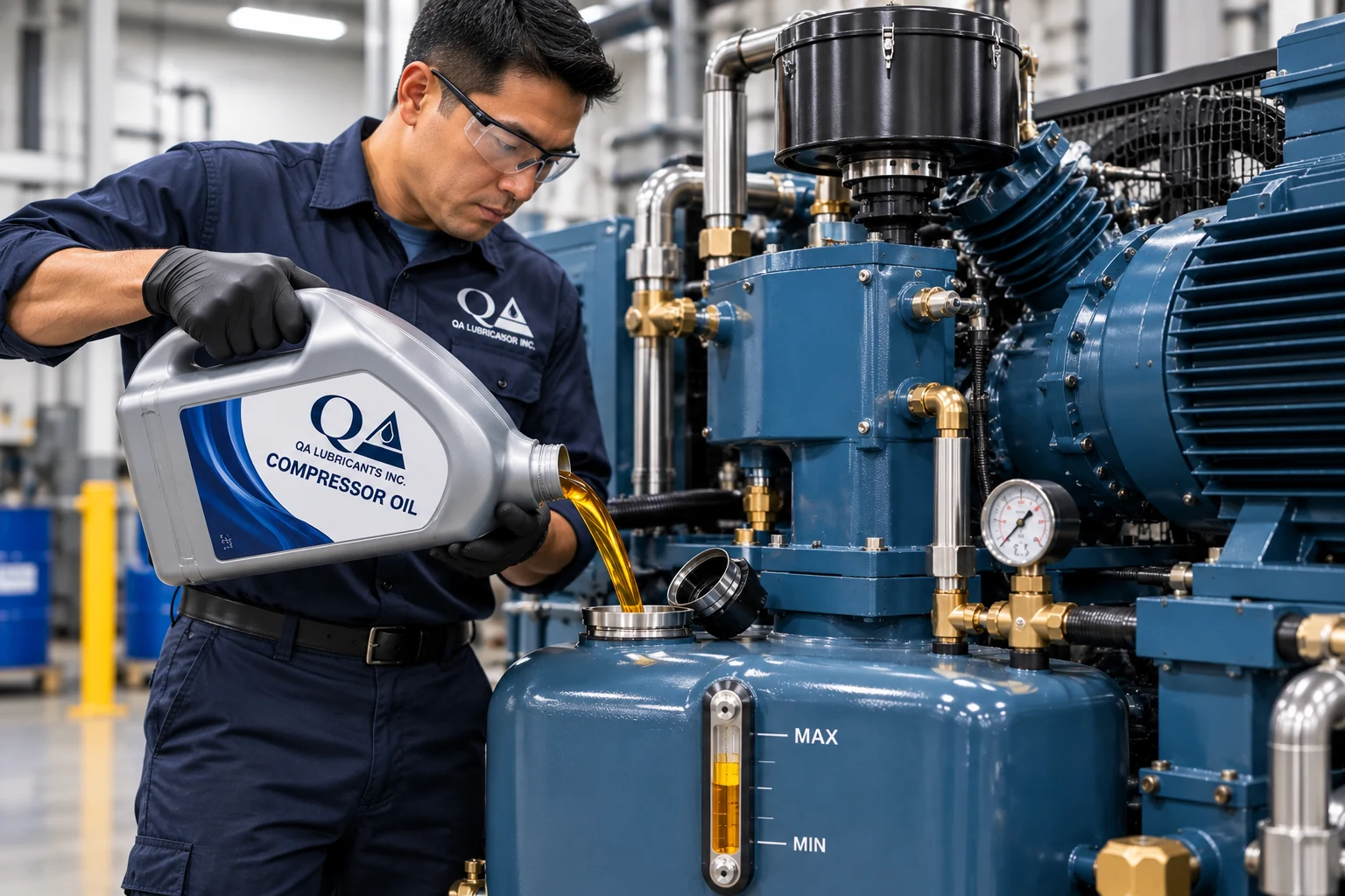 Asian technician filling an industrial compressor with QA compressor oil