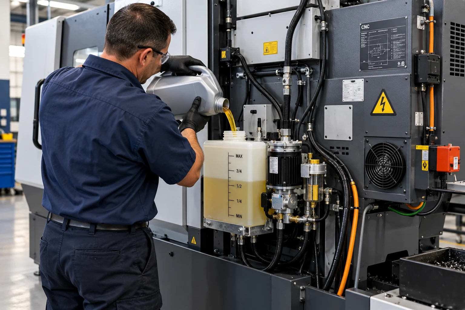 Technician filling a lubricant reservoir on the back of a CNC machine.