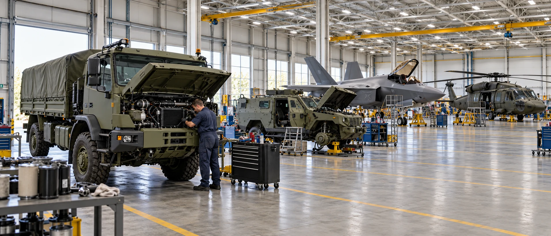 Military vehicle maintenance alongside a military jet and helicopter in a hangar