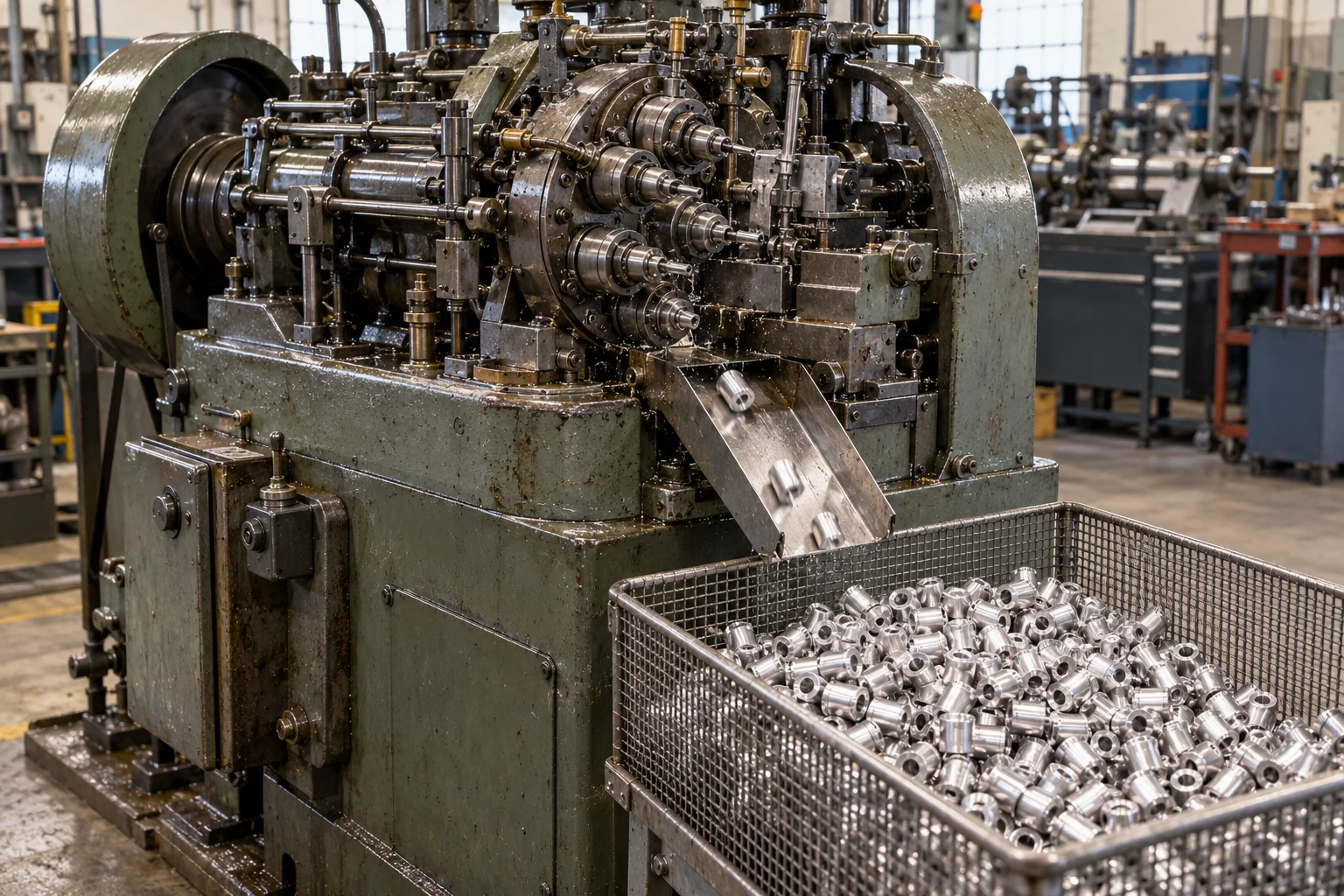 Older Davenport-style screw machine discharging small aluminum parts into a mesh bin
