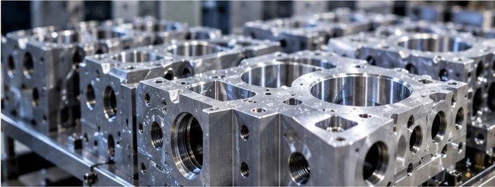 Precision machined metal components after CNC machining.