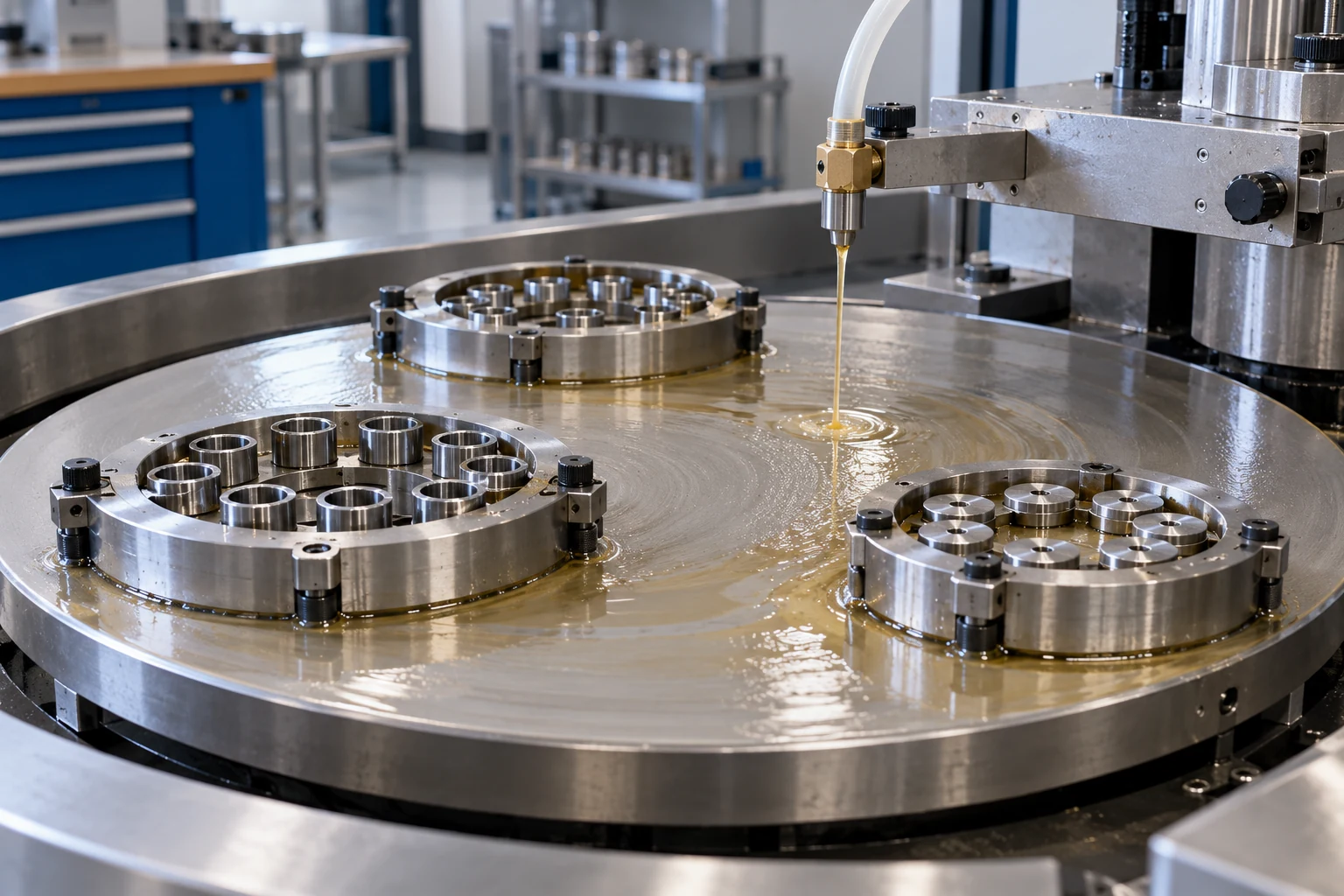 Lapping machine with pale amber fluid applied to a circular plate