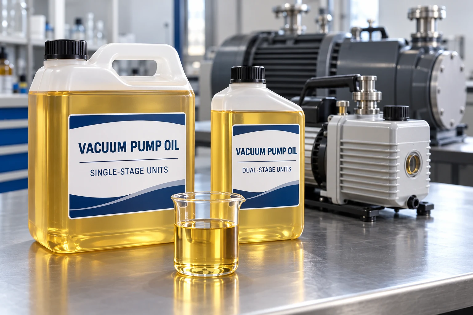 Illustrative vacuum pump oil containers for single-stage and dual-stage units