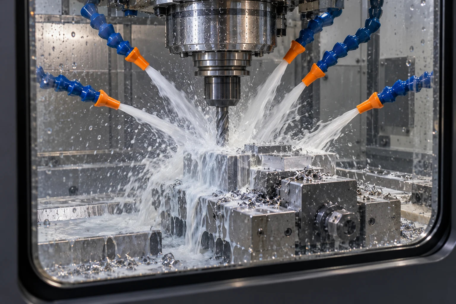 CNC machining through a safety window with five nozzles flooding the workpiece with white translucent coolant