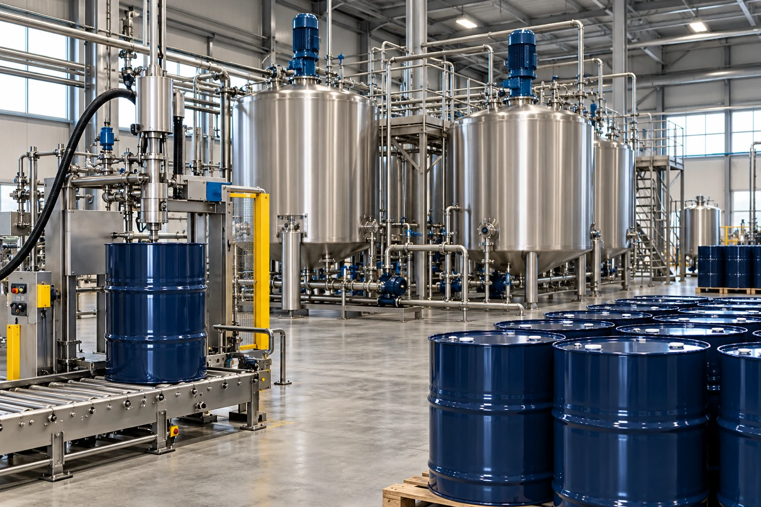 Illustrative lubricant blending equipment with mixing tanks and blue drums
