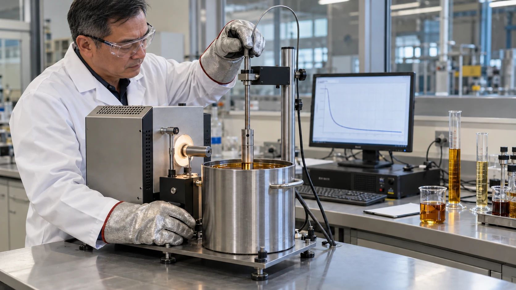 Vietnamese laboratory technician measuring quench performance with a quenchometer and cooling-curve display
