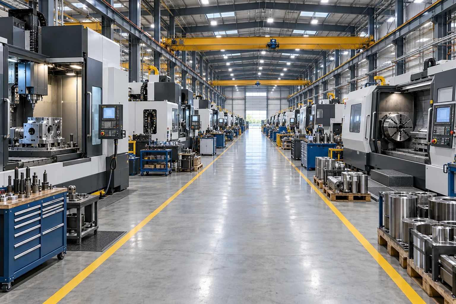 Large machine shop with rows of CNC machining centers and turning machines