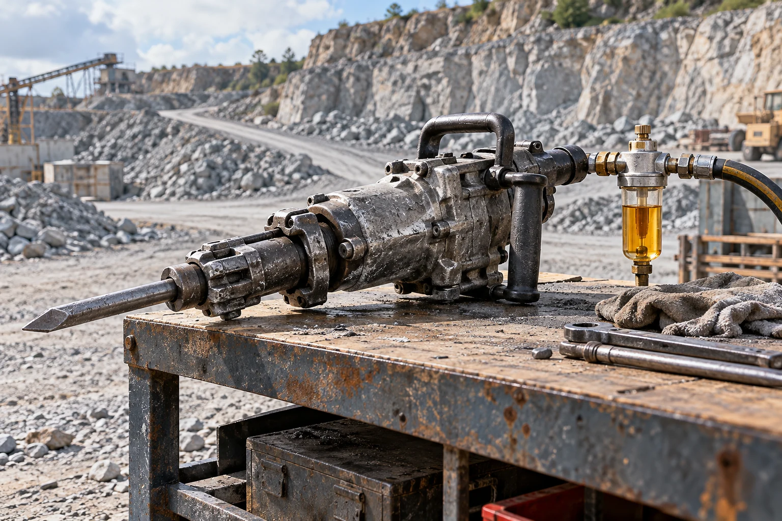 Pneumatic rock drill with amber oil in an inline lubricator at a quarry
