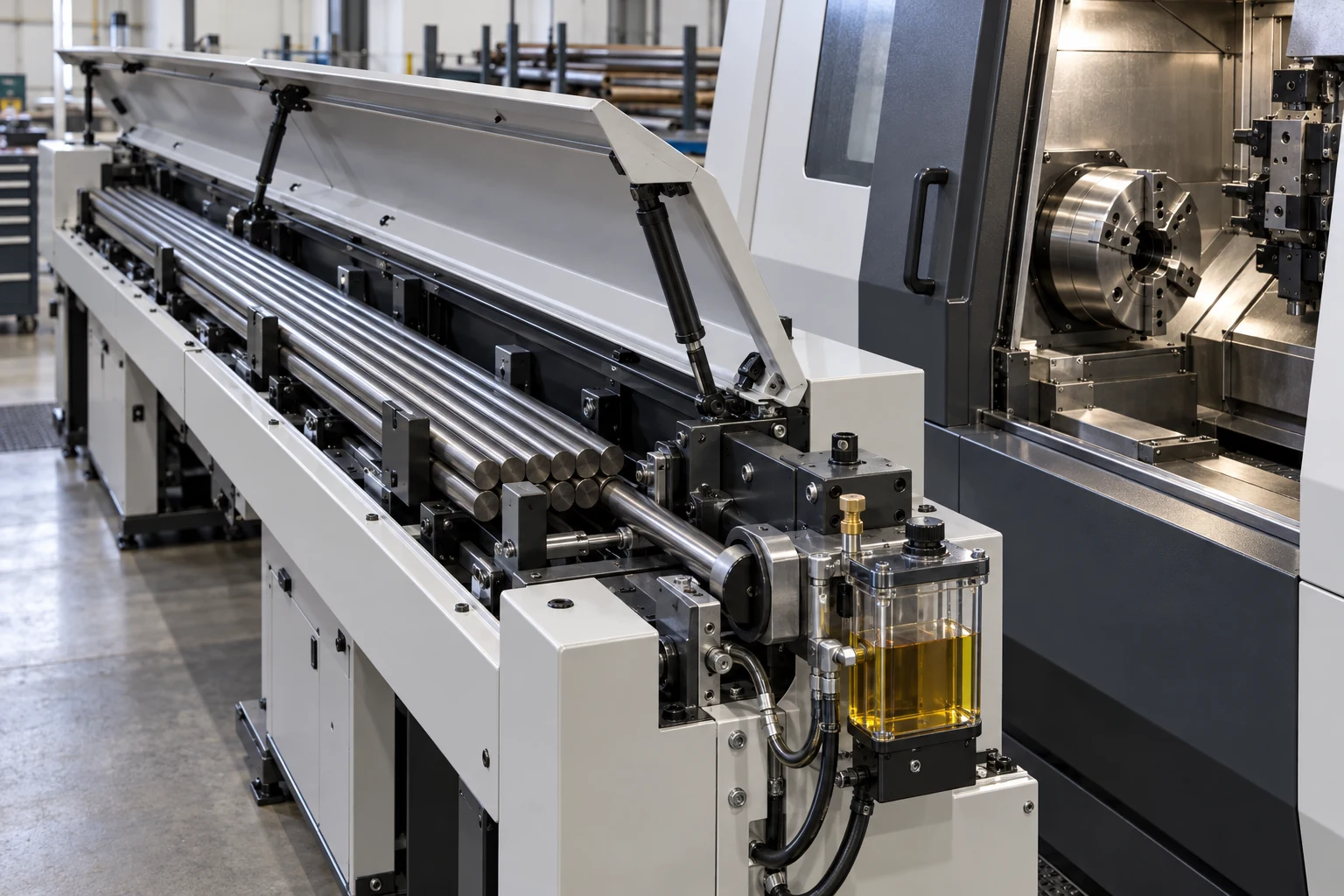 Automatic bar feeder beside a CNC lathe with an amber oil reservoir
