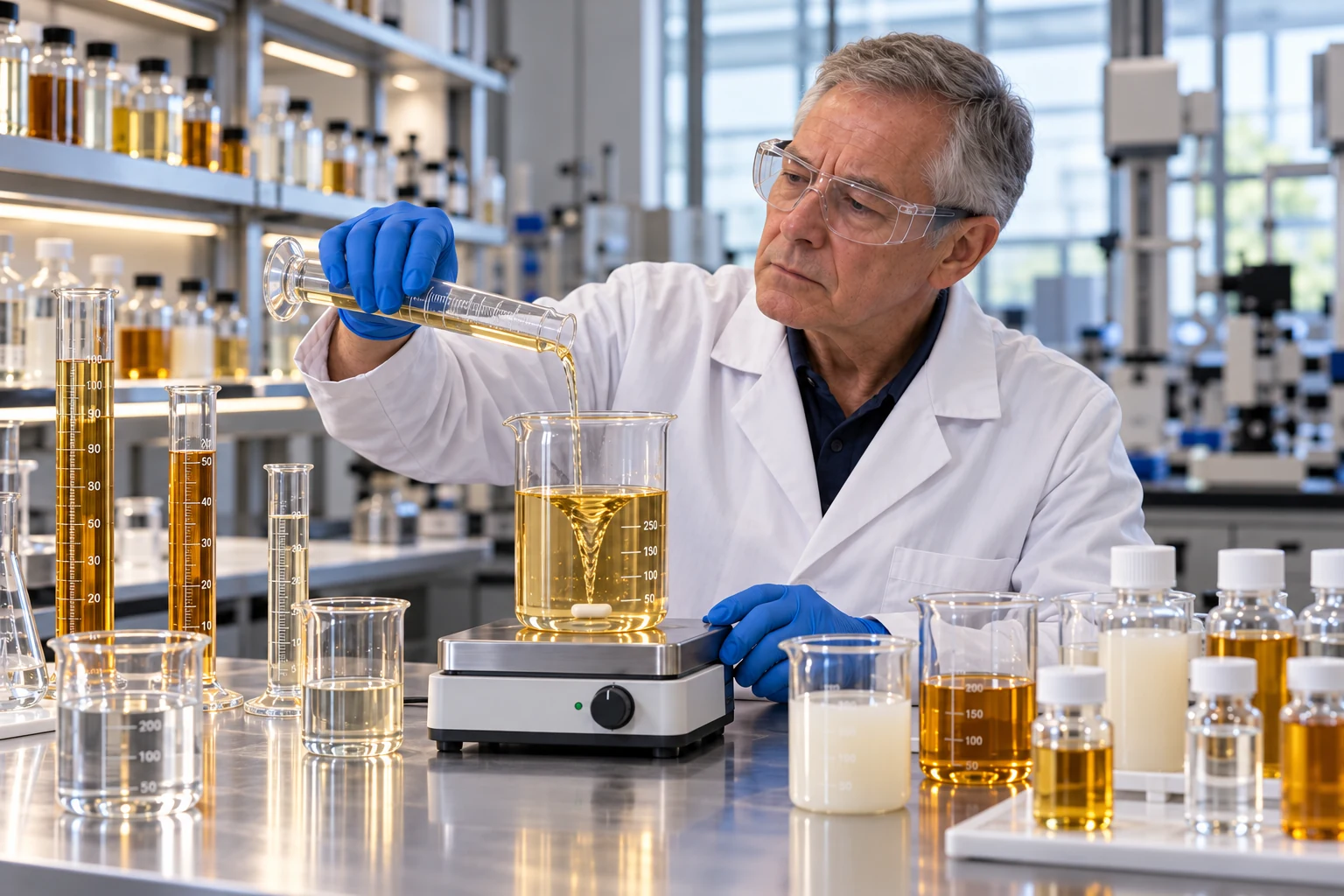 Older chemist with glasses mixing a solution on a magnetic stirrer surrounded by graduated cylinders and beakers