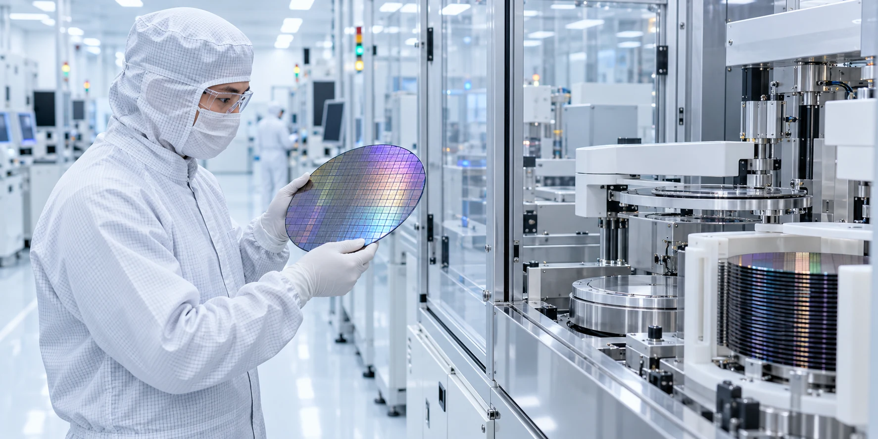 Cleanroom technician inspecting a silicon wafer in a semiconductor fabrication facility