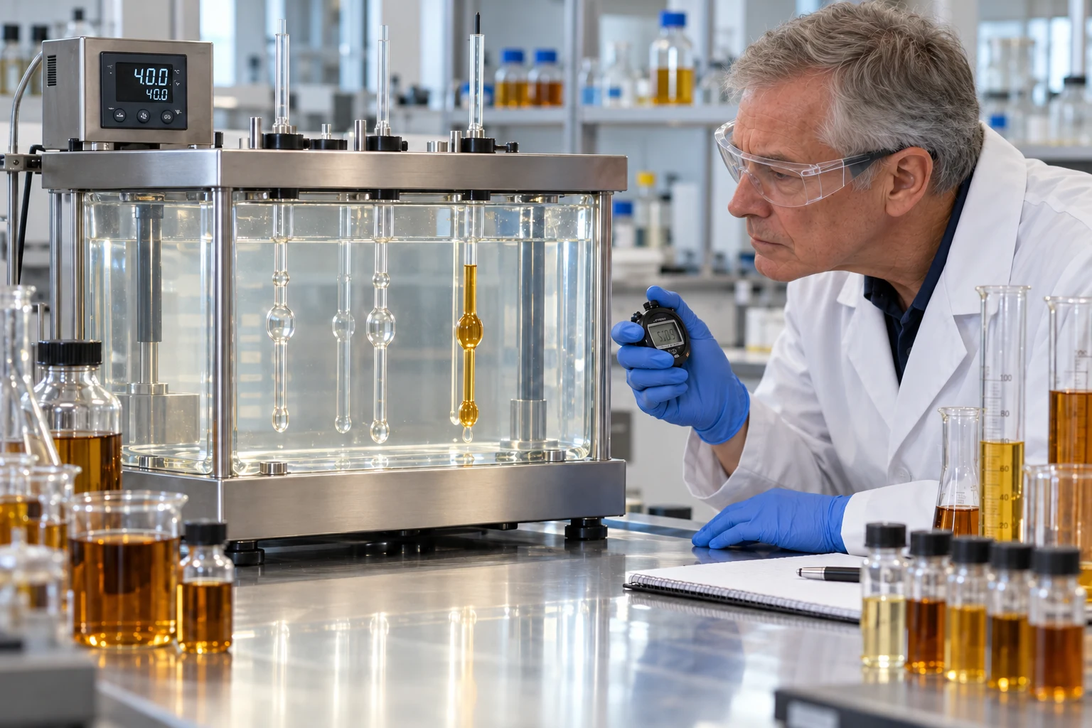 Older male chemist with glasses checking lubricant viscosity using a capillary viscosity bath