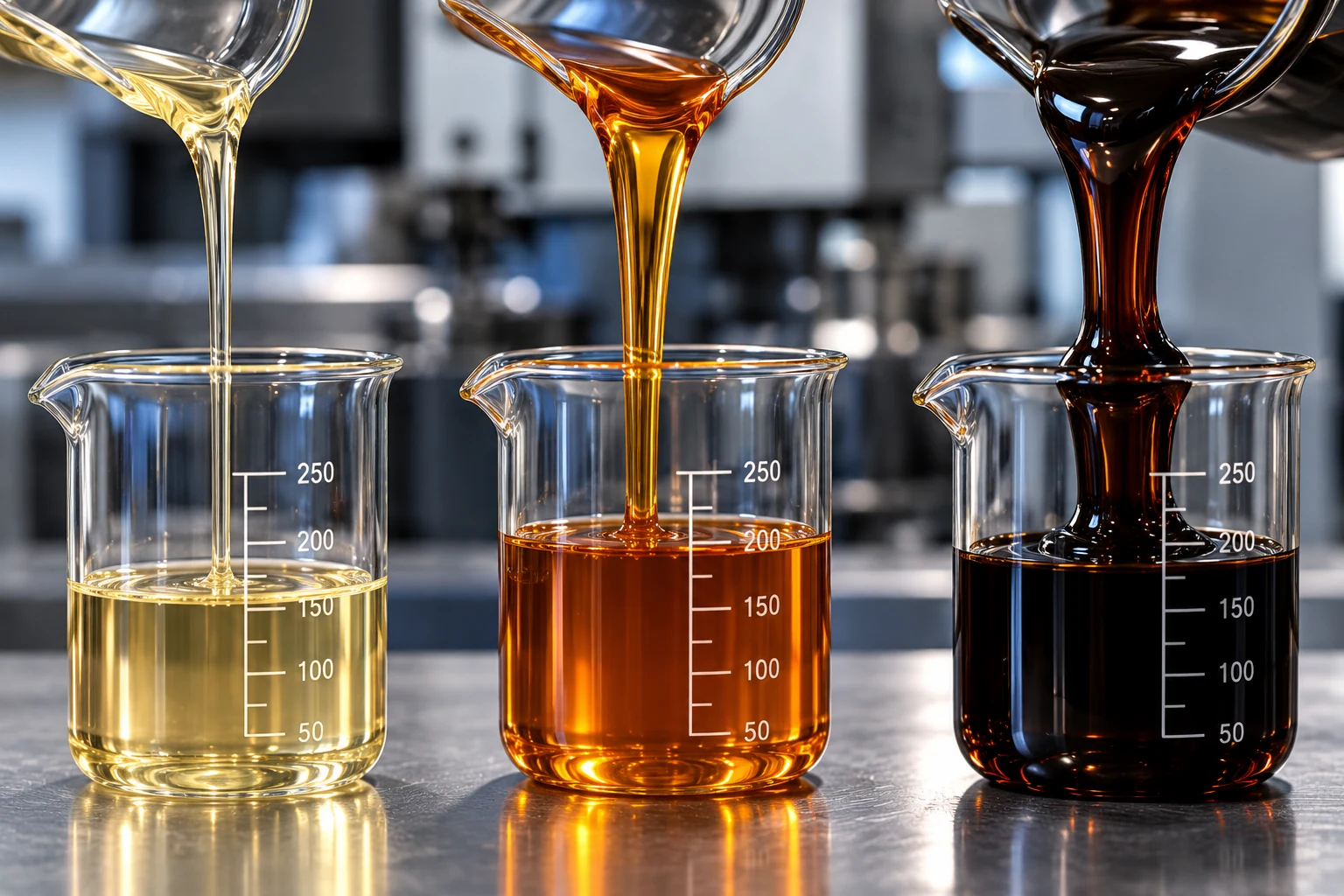 Three straight cutting oils being poured, showing light, medium, and heavy viscosities in light tan, amber, and dark colors.