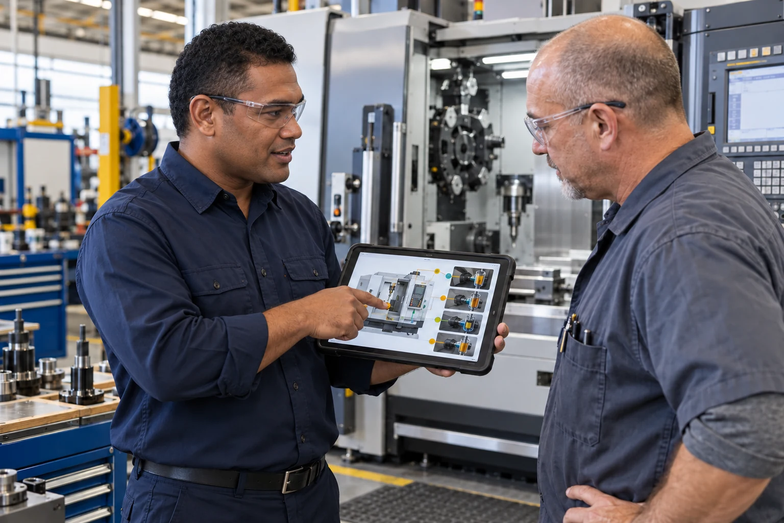 Fijian technical sales engineer holding a tablet while discussing machine lubrication with a maintenance professional