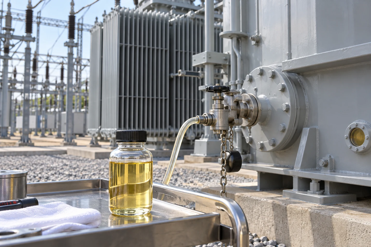 Transformer oil sample beside a power transformer