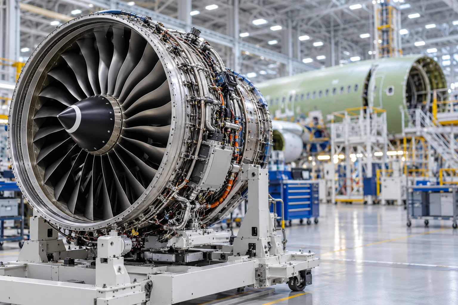 Detailed jet engine assembly in an aerospace manufacturing facility