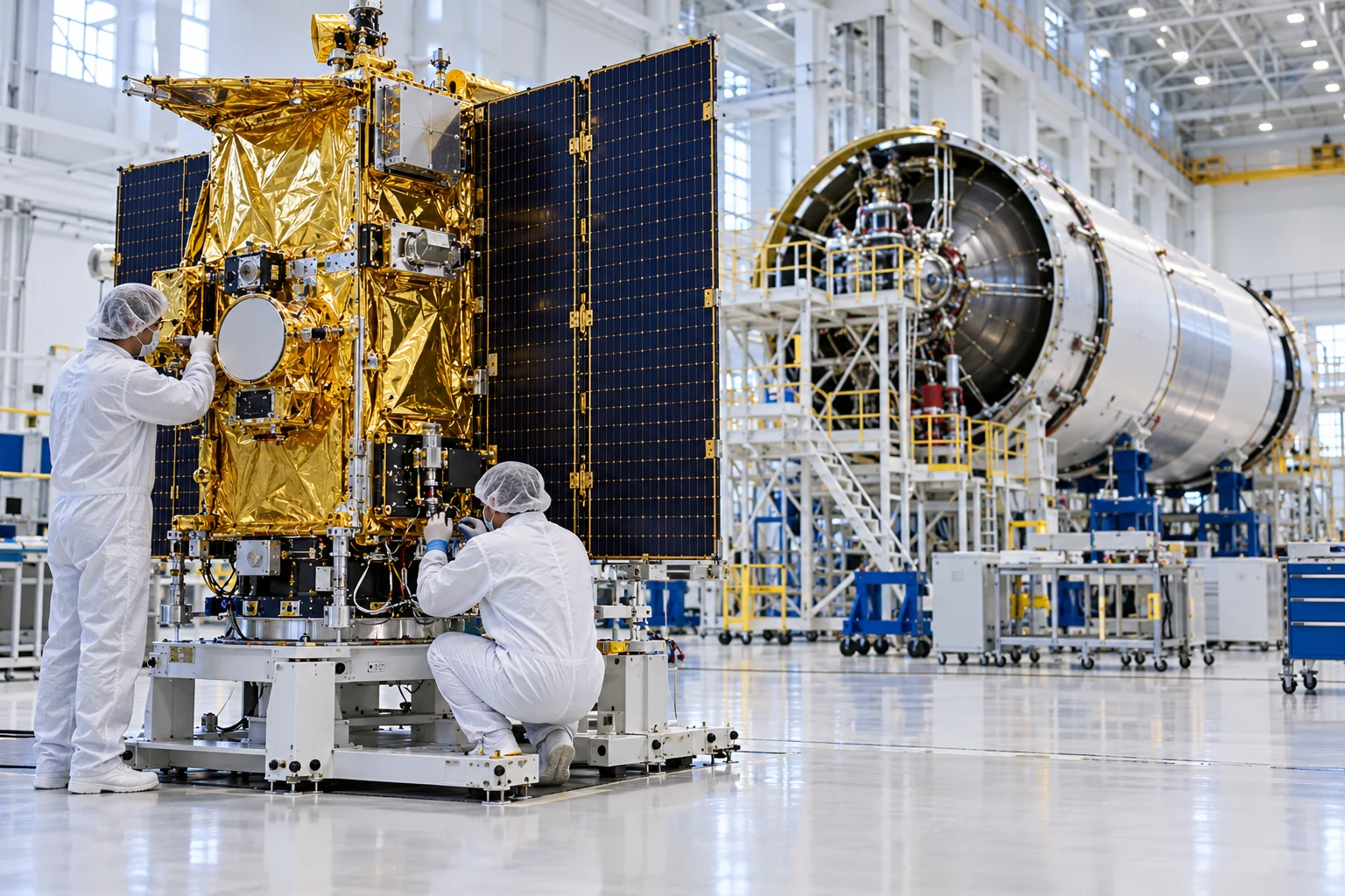 Technicians assembling a satellite beside a rocket stage in a clean manufacturing facility